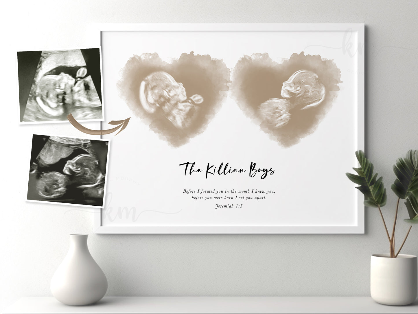 Two Hearts Twins Watercolor Ultrasound Art