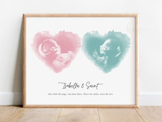 Two Hearts Twins Watercolor Ultrasound Art