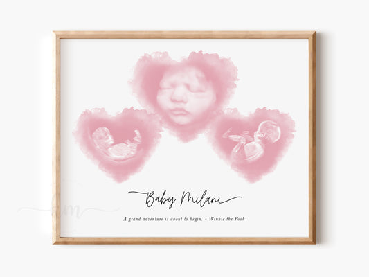 Three Hearts Pyramid Watercolor Ultrasound Art