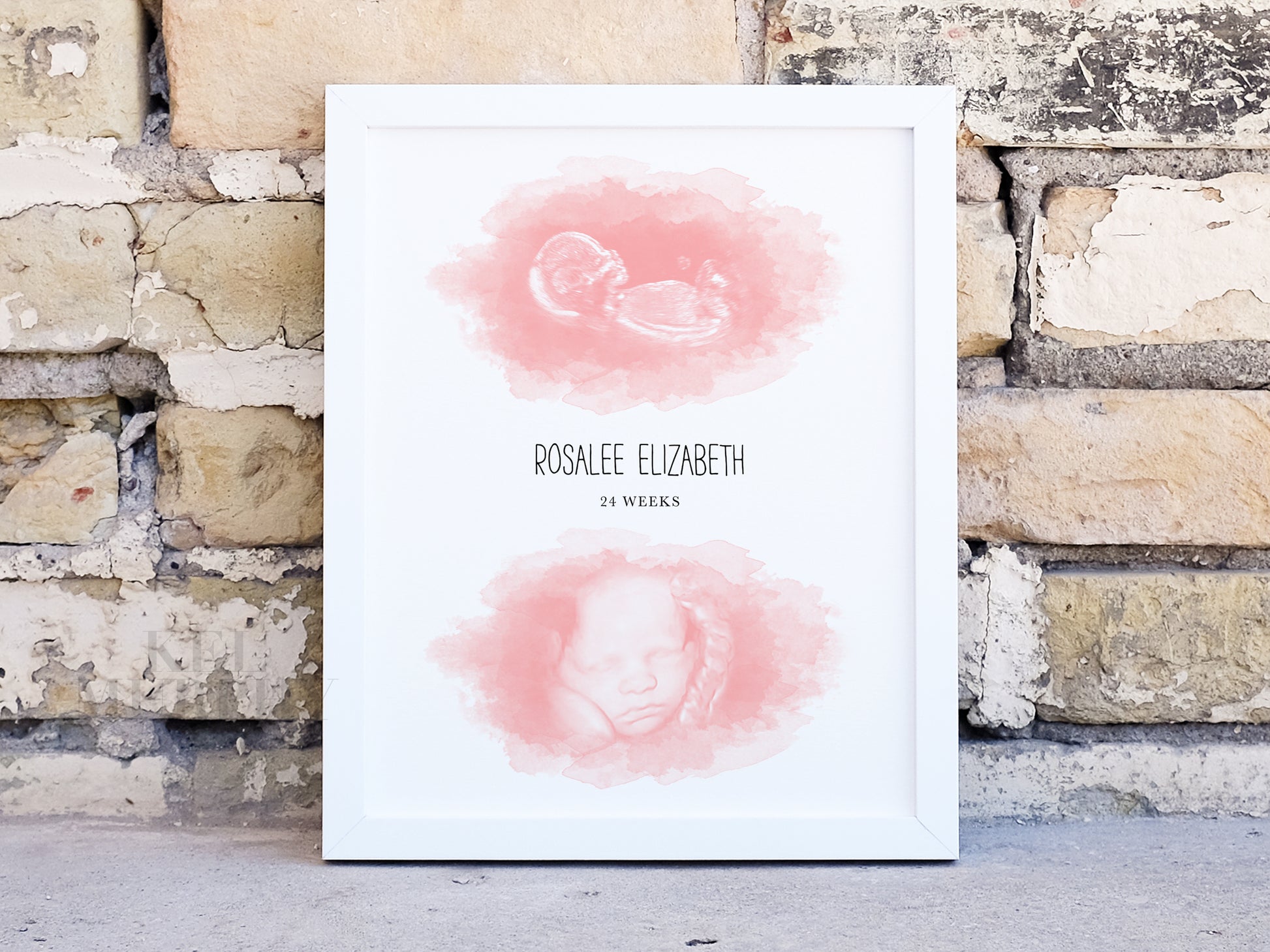 2D 3D ultrasound print watercolor custom pink framed personalized name