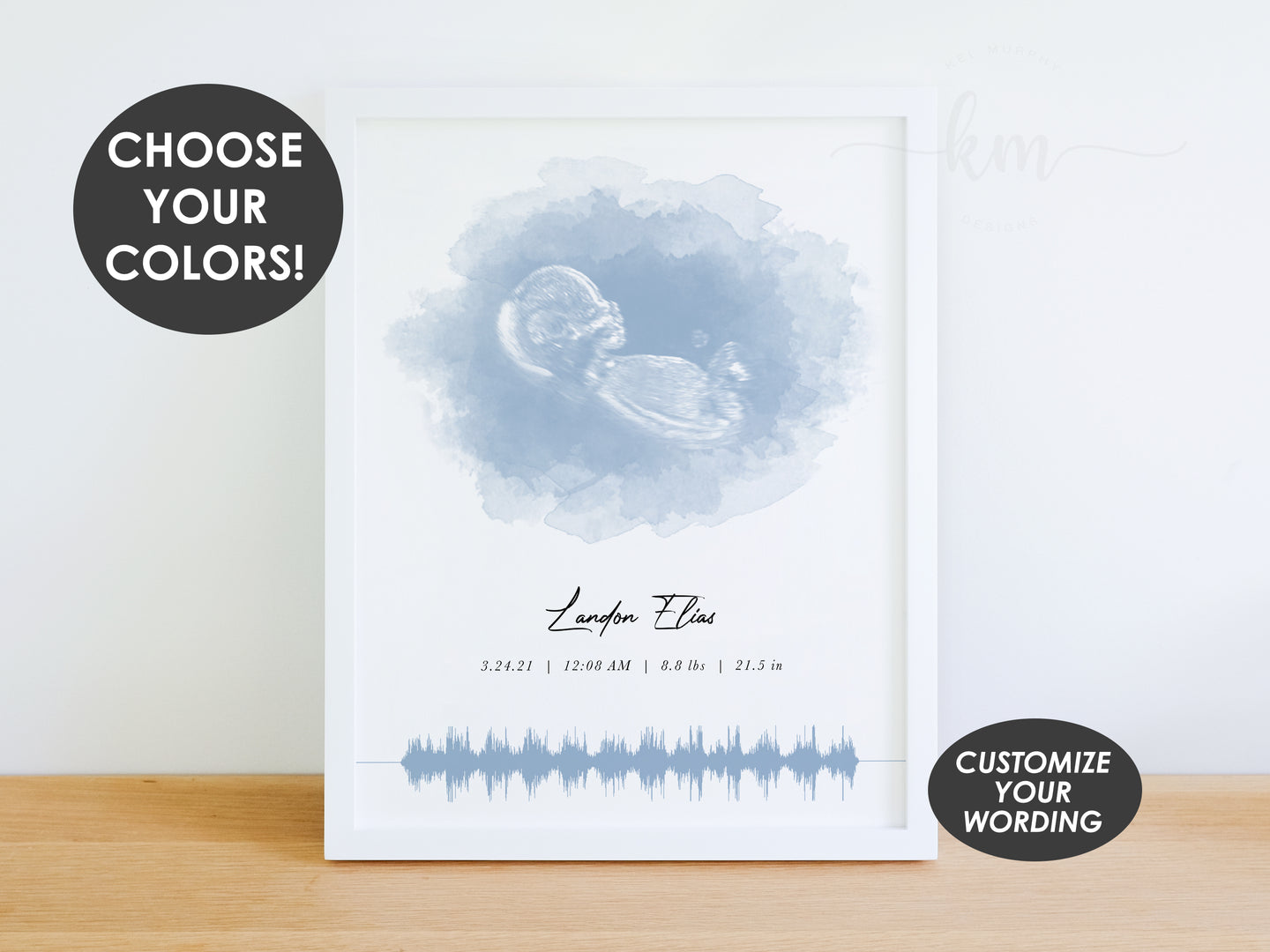Oval Watercolor Ultrasound Art with Baby Heartbeat