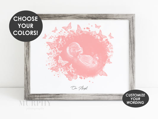 Butterflies watercolor ultrasound art print baby keepsake baby shower gift infant loss framed