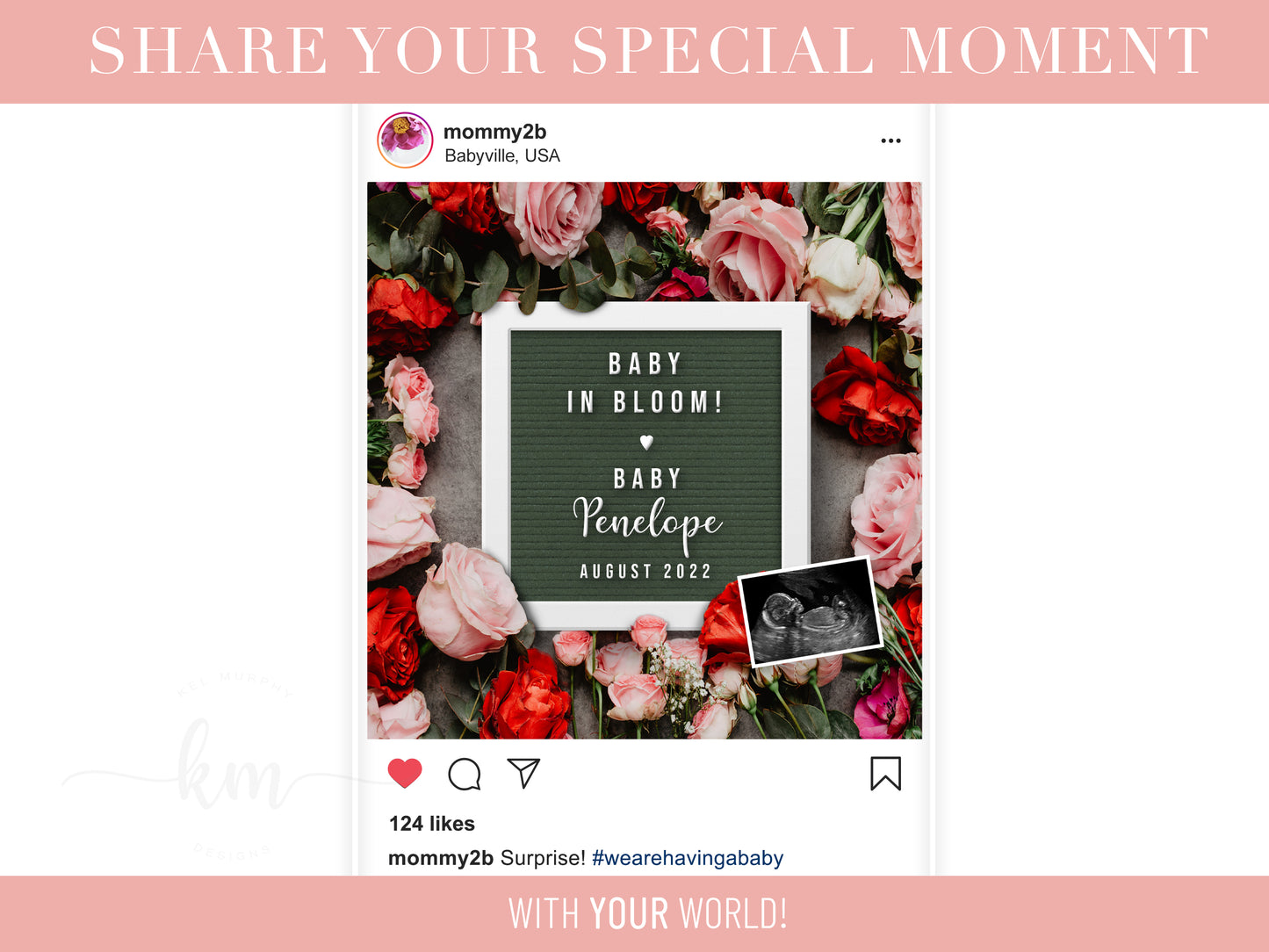 Pink & Red Flowers Digital Pregnancy Announcement