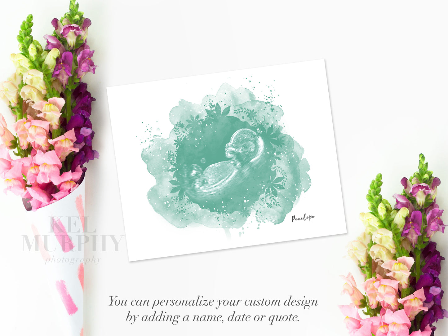 Floral ultrasound sonogram art print personalized name new mom gift