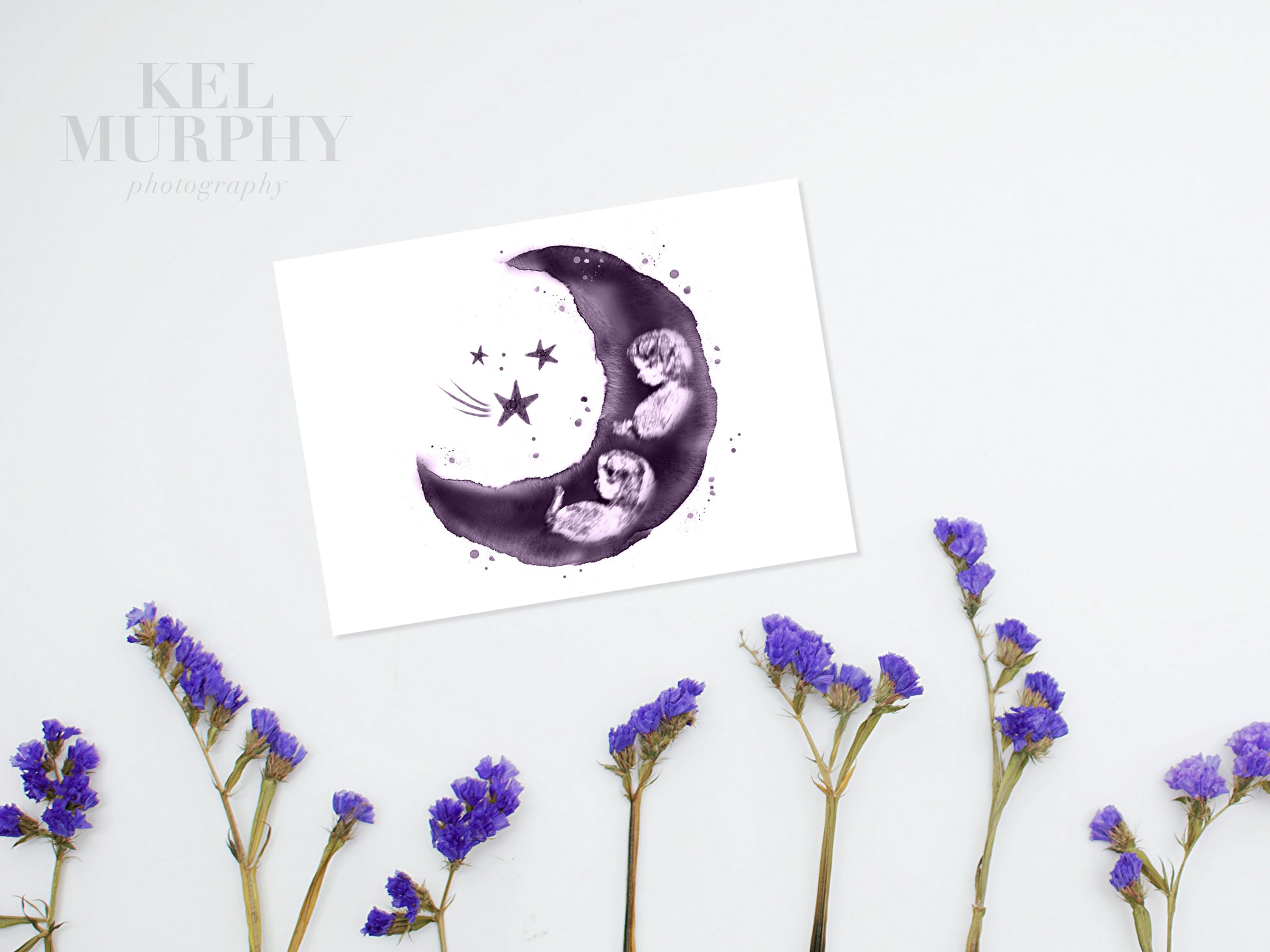 Moons stars twins ultrasound art print watercolor flatlay