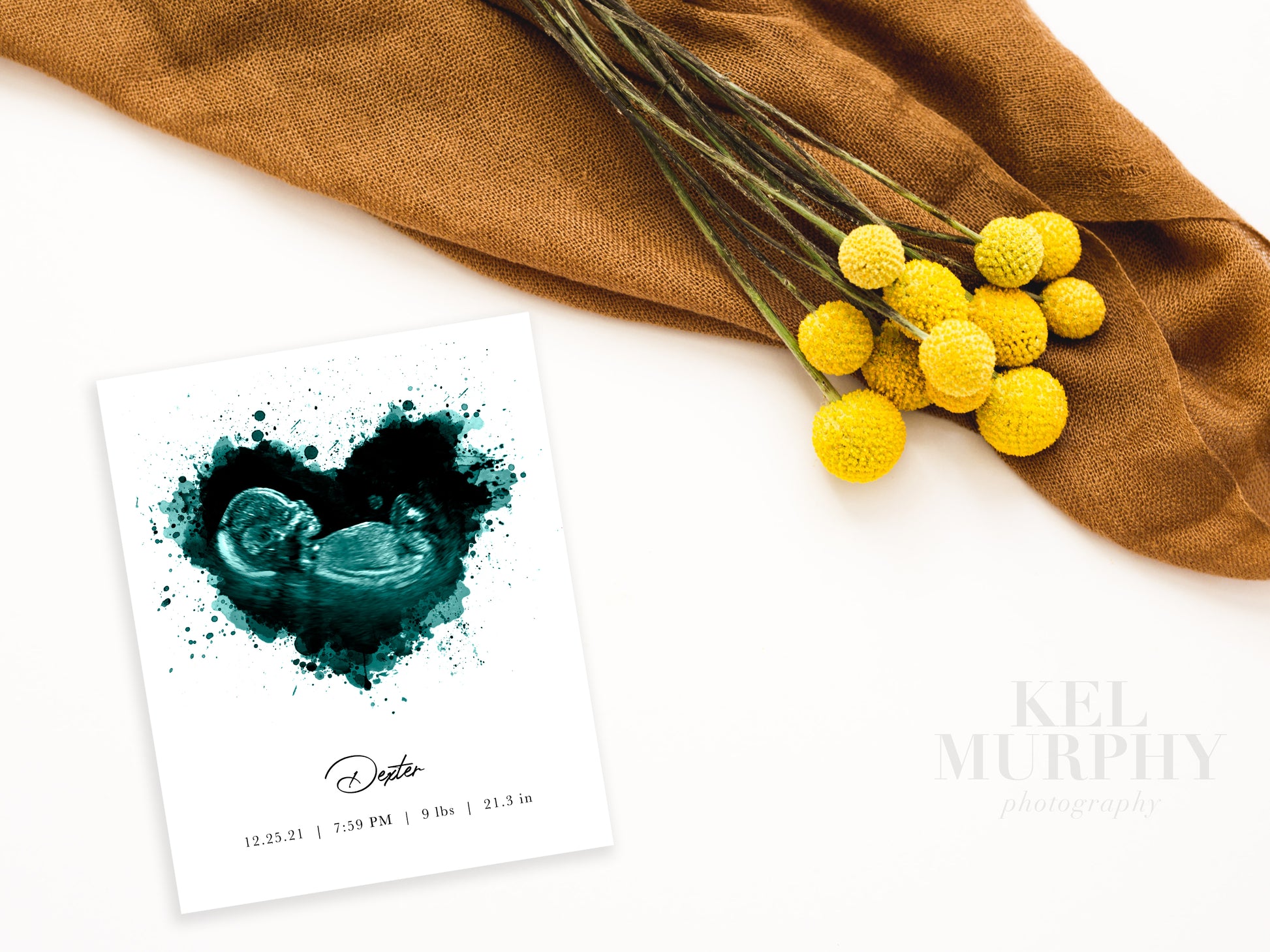 Watercolor ultrasound turquoise heart print with custom personalization flatlay