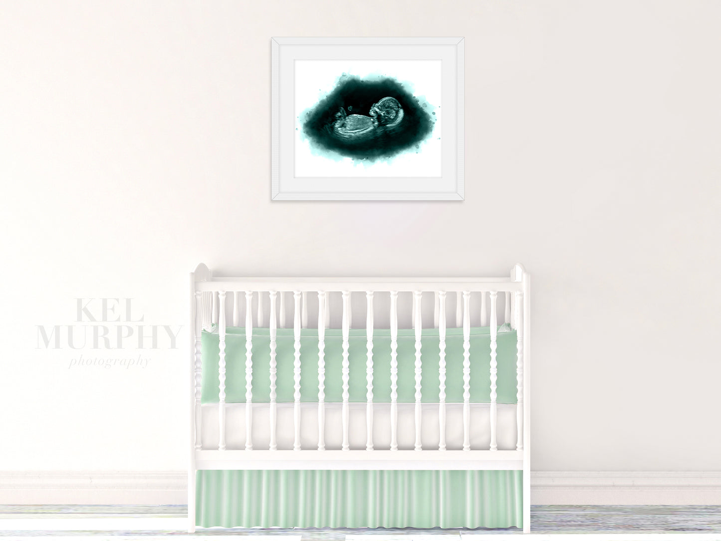 Sonogram ultrasound watercolor art print framed in nursery