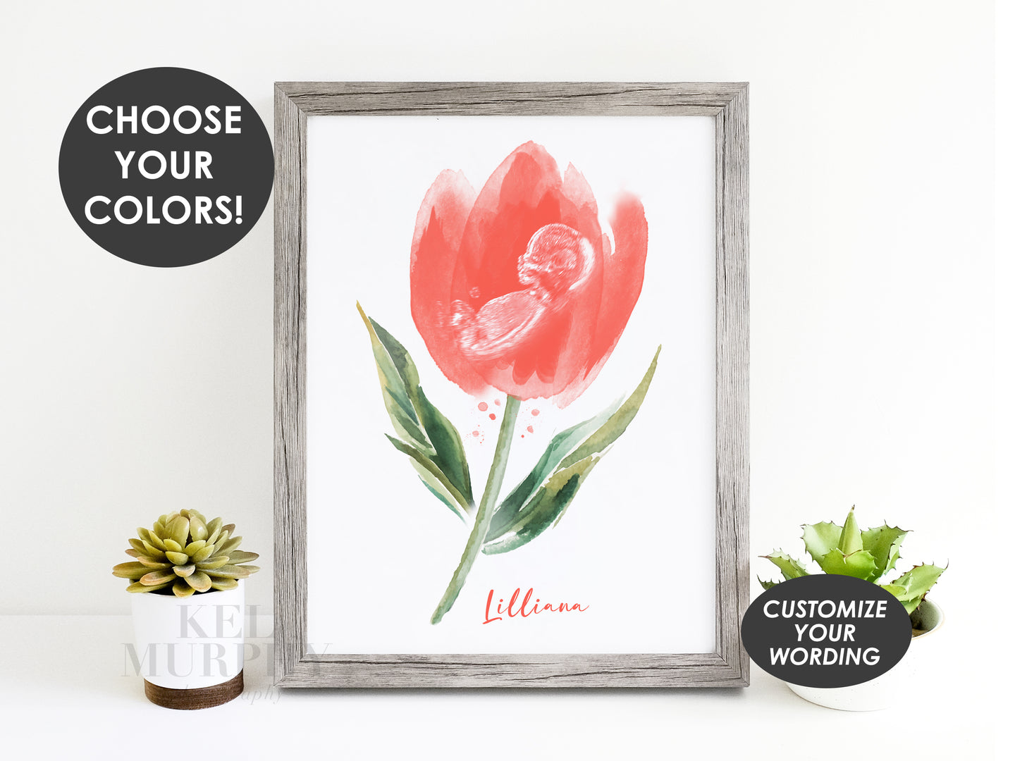 Tulip watercolor ultrasound art print baby keepsake new mom gift baby shower gift