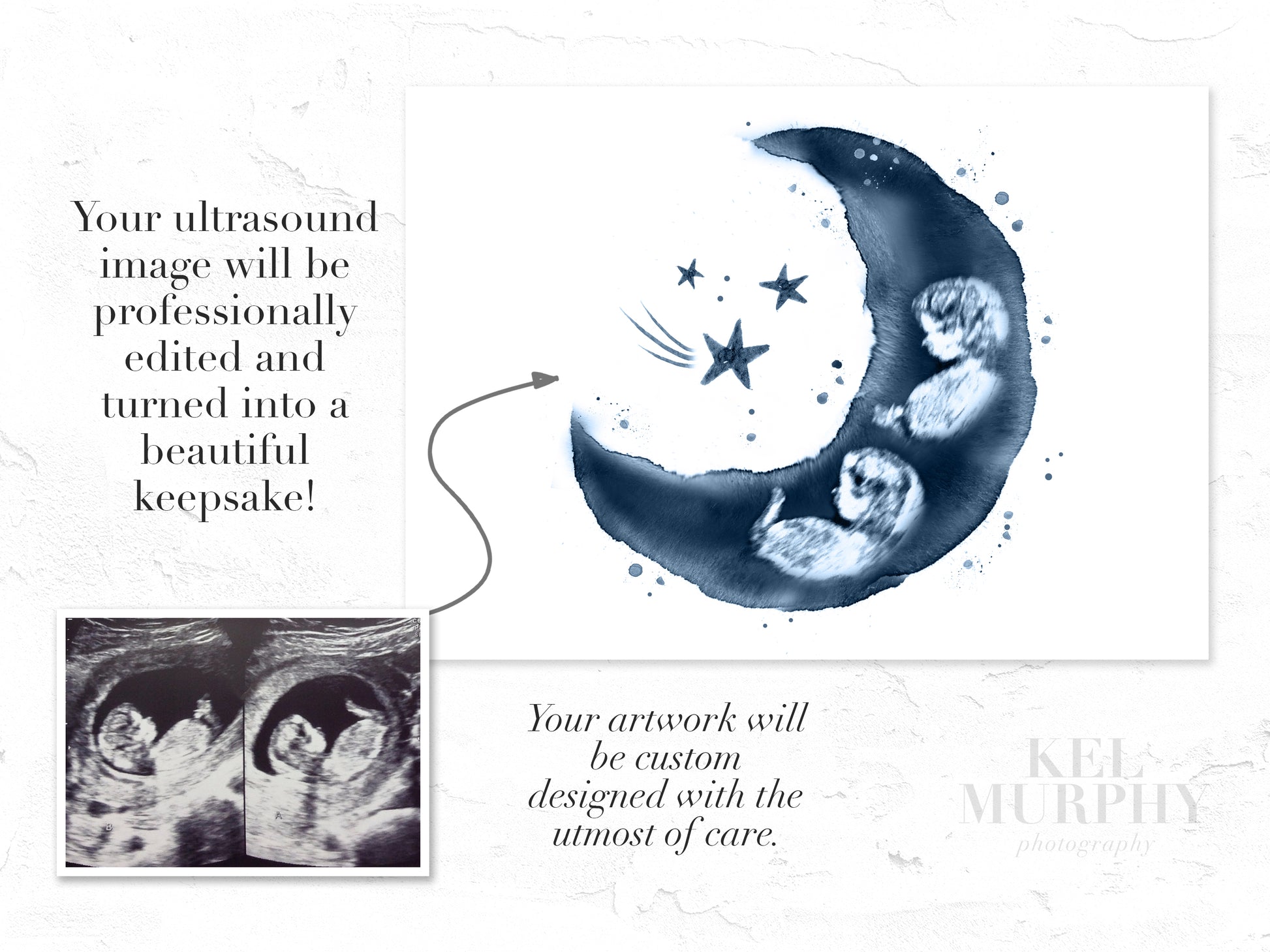 Twins moon and stars nursery ultrasound art print before and after