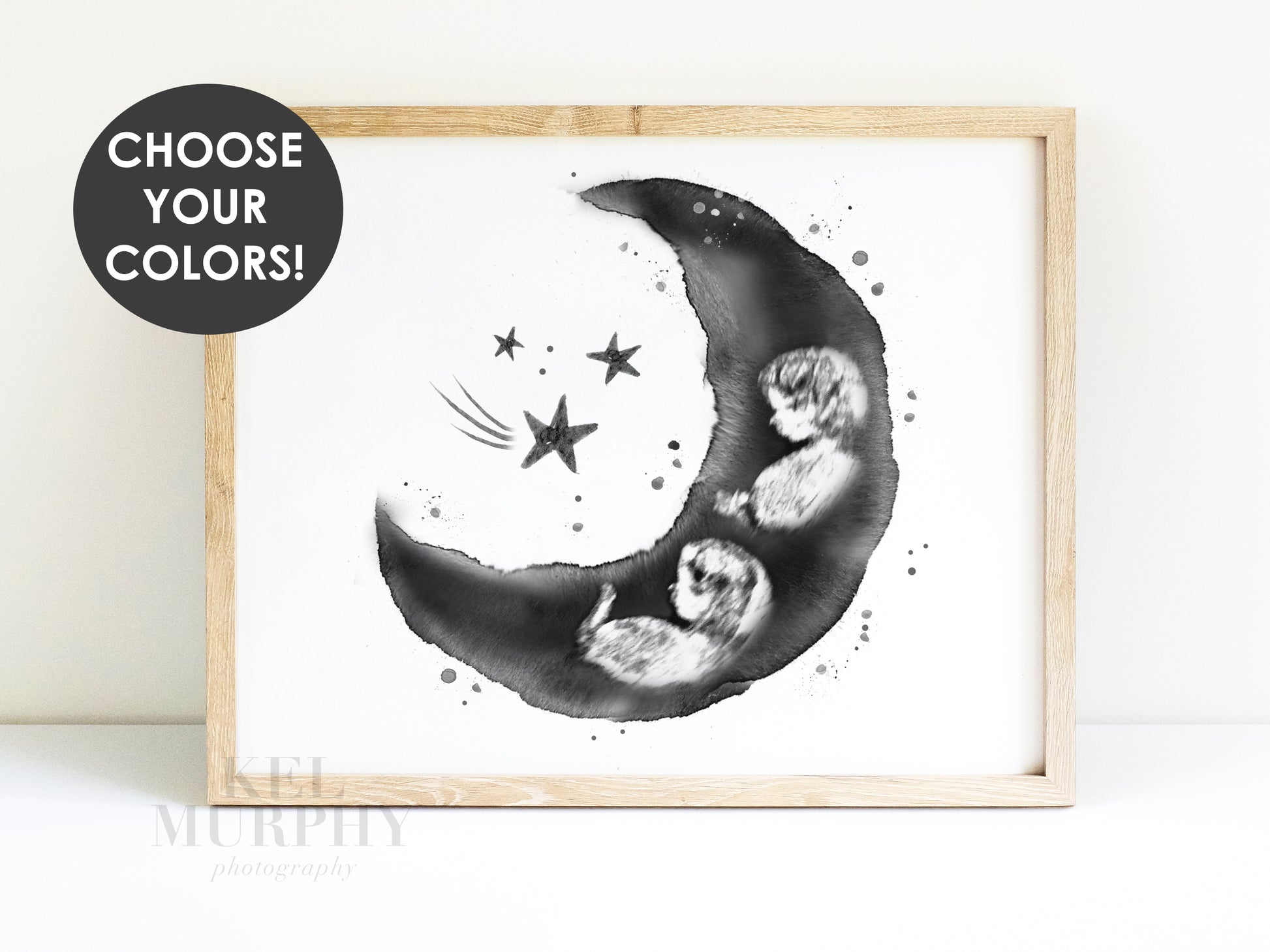 Twins moon and stars sonogram art watercolor nursery print