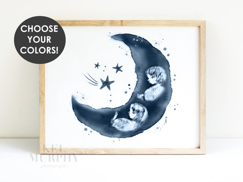Twins moon and star watercolor ultrasound art print sonogram nursery