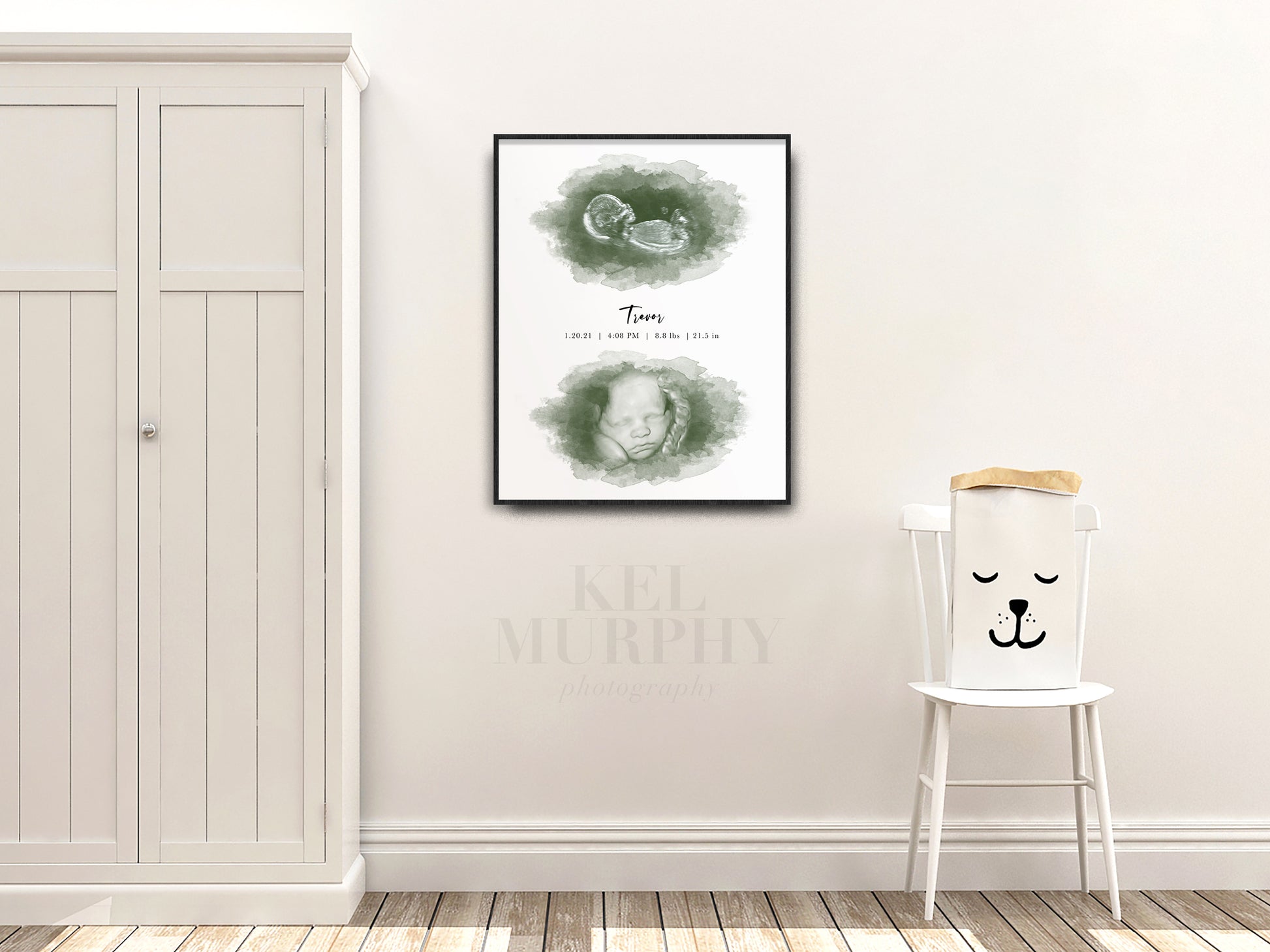Two ultrasounds sonograms personalized watercolor art prints framed living room
