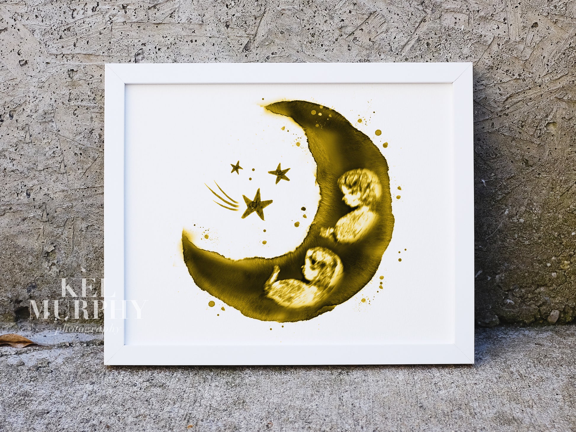 ultrasound art print for twins custom watercolor moon and stars