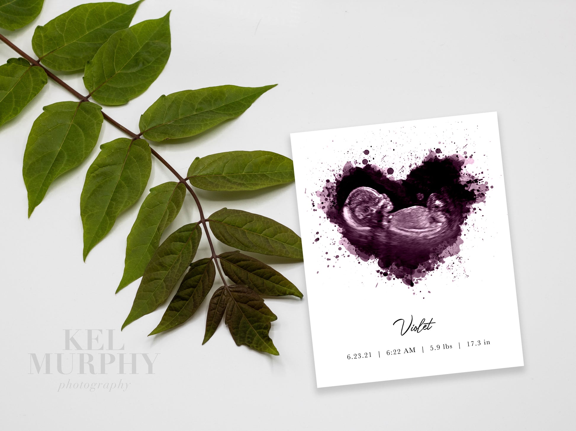 Watercolor ultrasound purple heart print with custom personalization flatlay