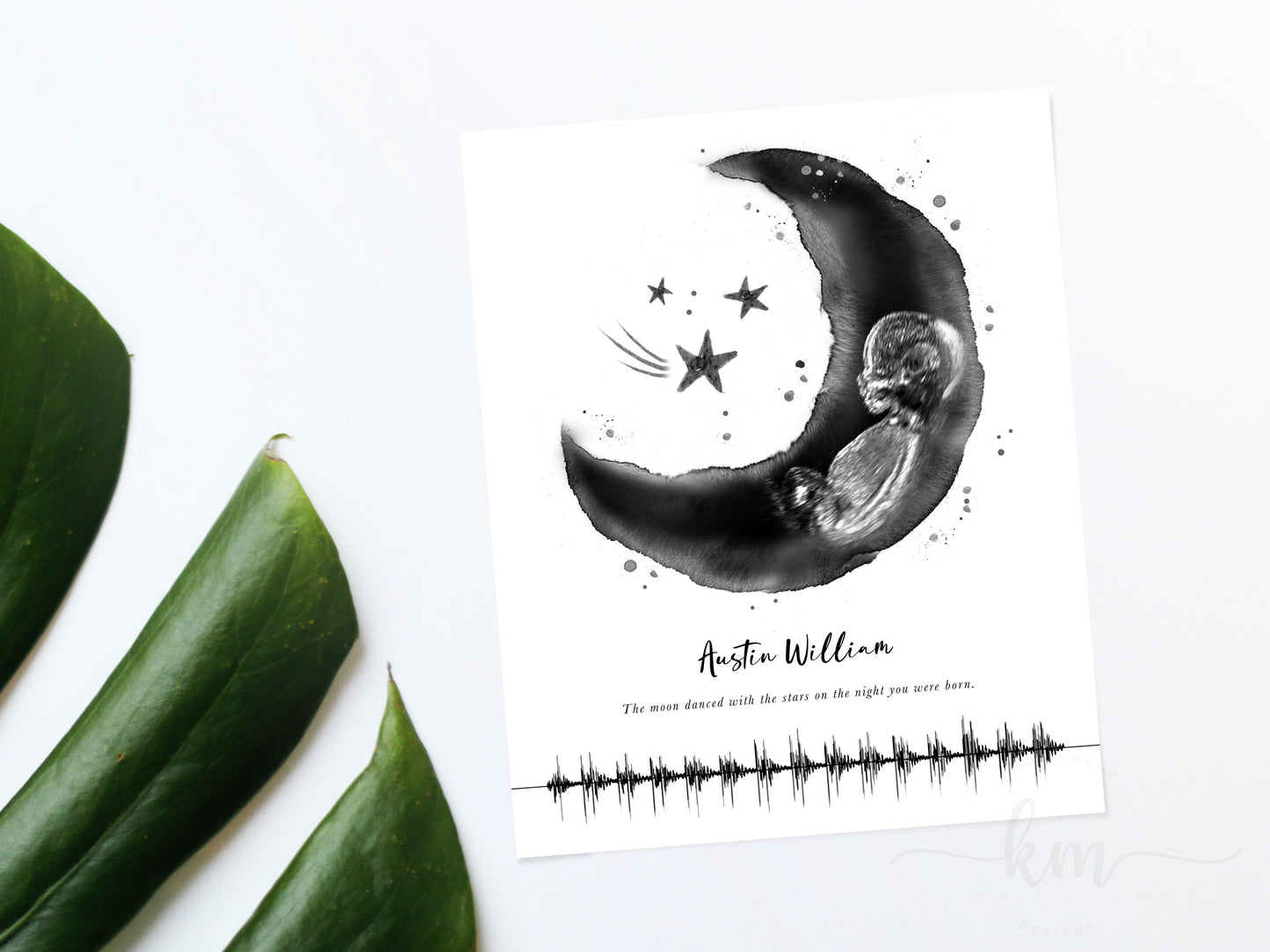 Moon and Stars Pen & Ink Ultrasound Art with Baby Heartbeat