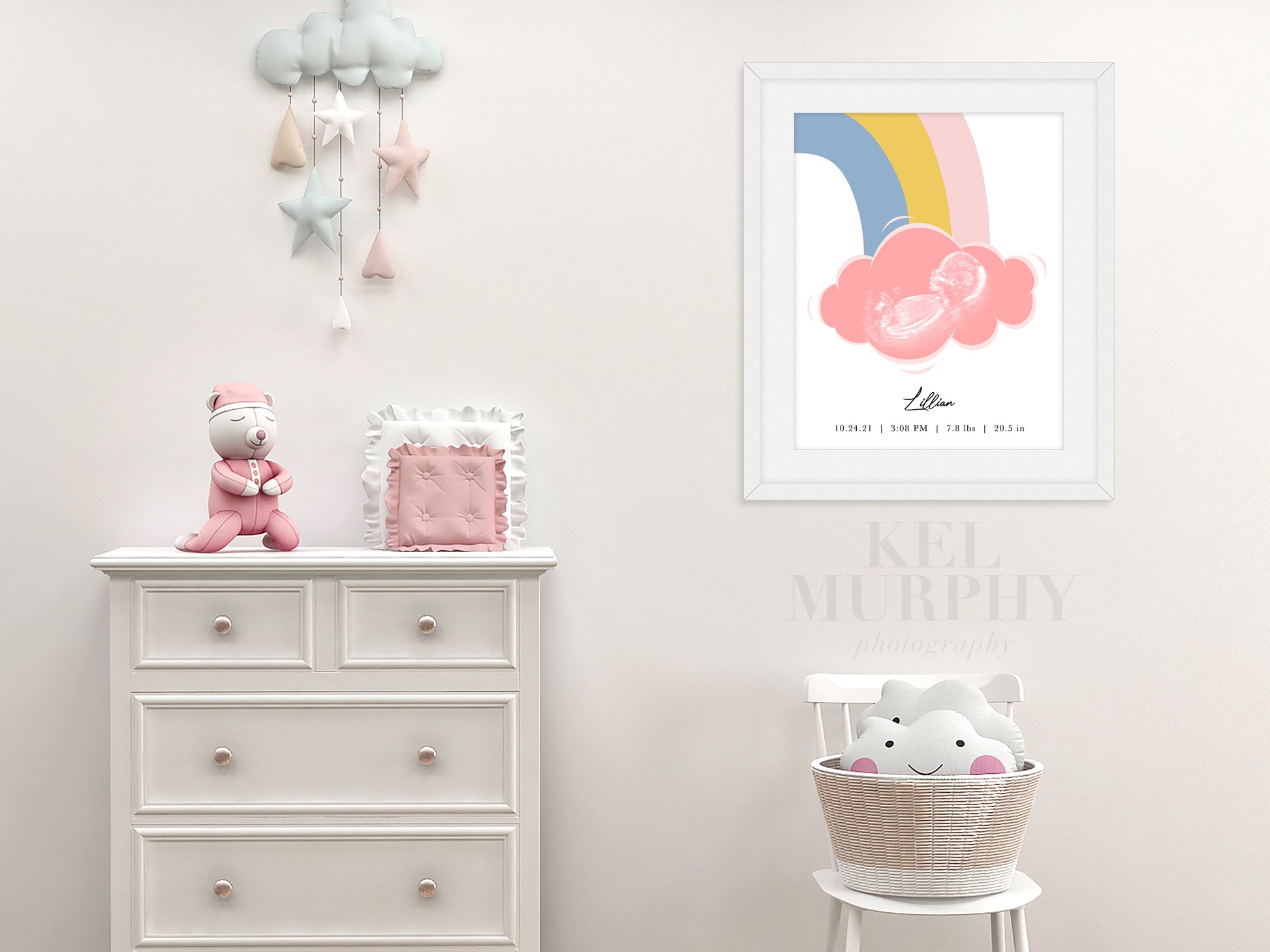 Ultrasound art print with rainbow and cloud baby personalized custom name date framed in nursery