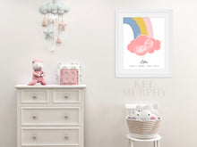 Load image into Gallery viewer, Ultrasound art print with rainbow and cloud baby personalized custom name date framed in nursery

