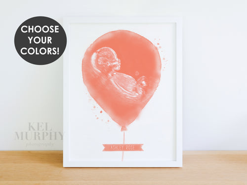 Ultrasound balloon art print watercolor personalized name new mom gift