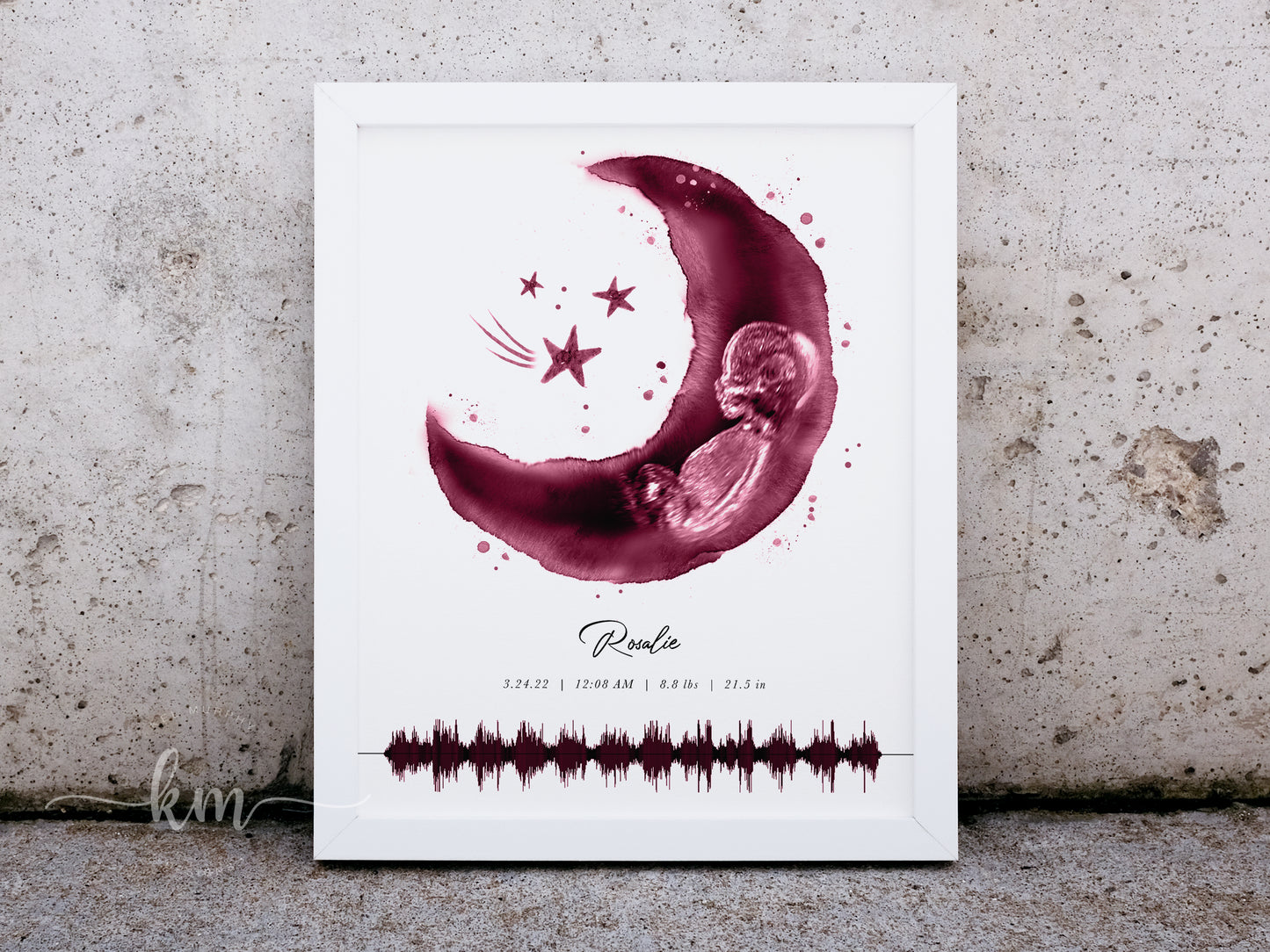 Moon and Stars Pen & Ink Ultrasound Art with Baby Heartbeat