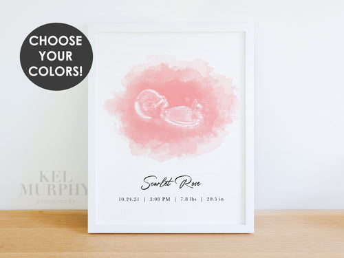Ultrasound watercolor custom art print vertical personalized with name and date