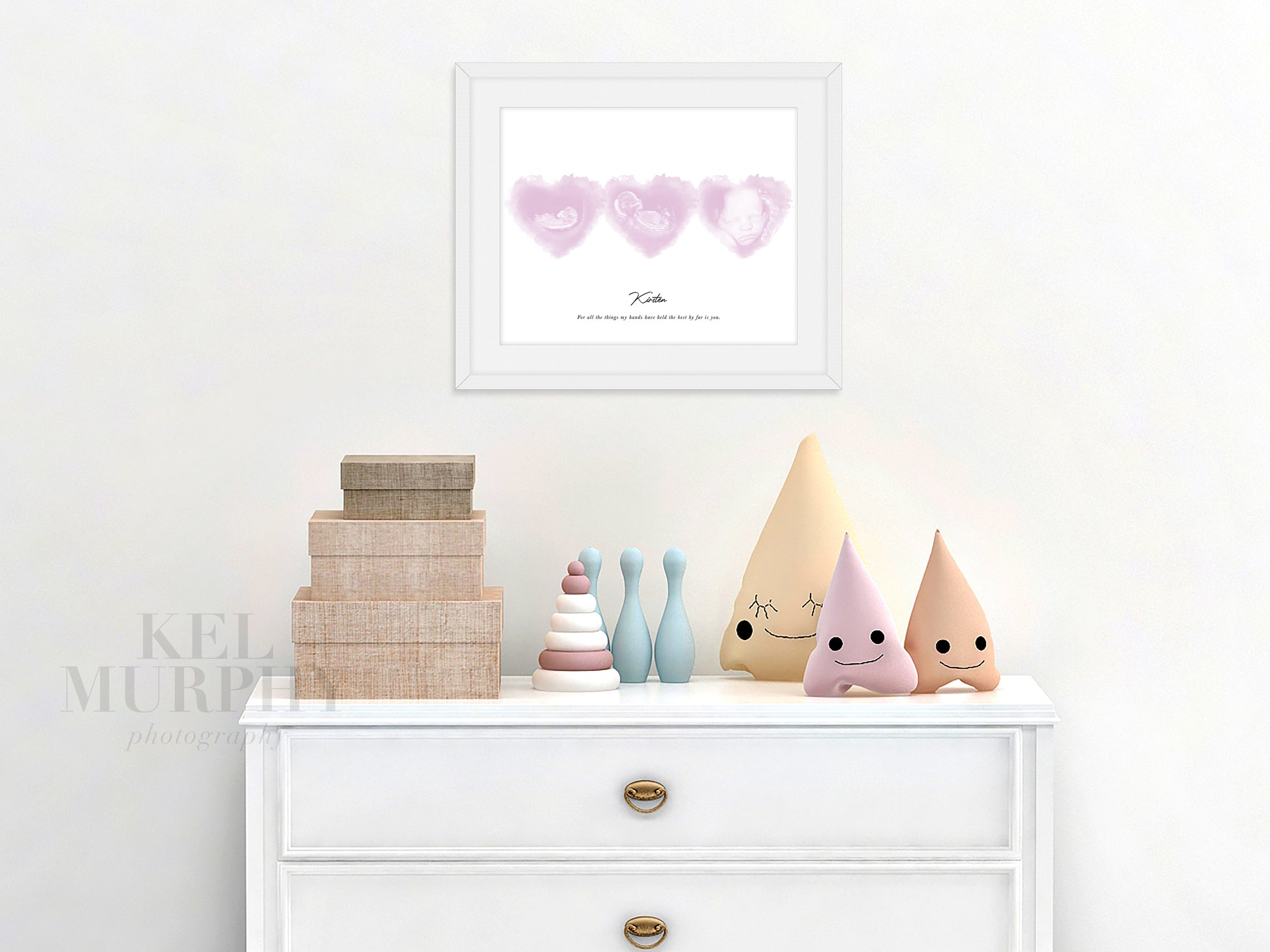 Ultrasounds watercolored hearts art print three triplets 2d 3d framed in nursery