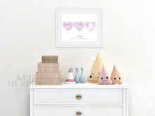 Load image into Gallery viewer, Ultrasounds watercolored hearts art print three triplets 2d 3d framed in nursery
