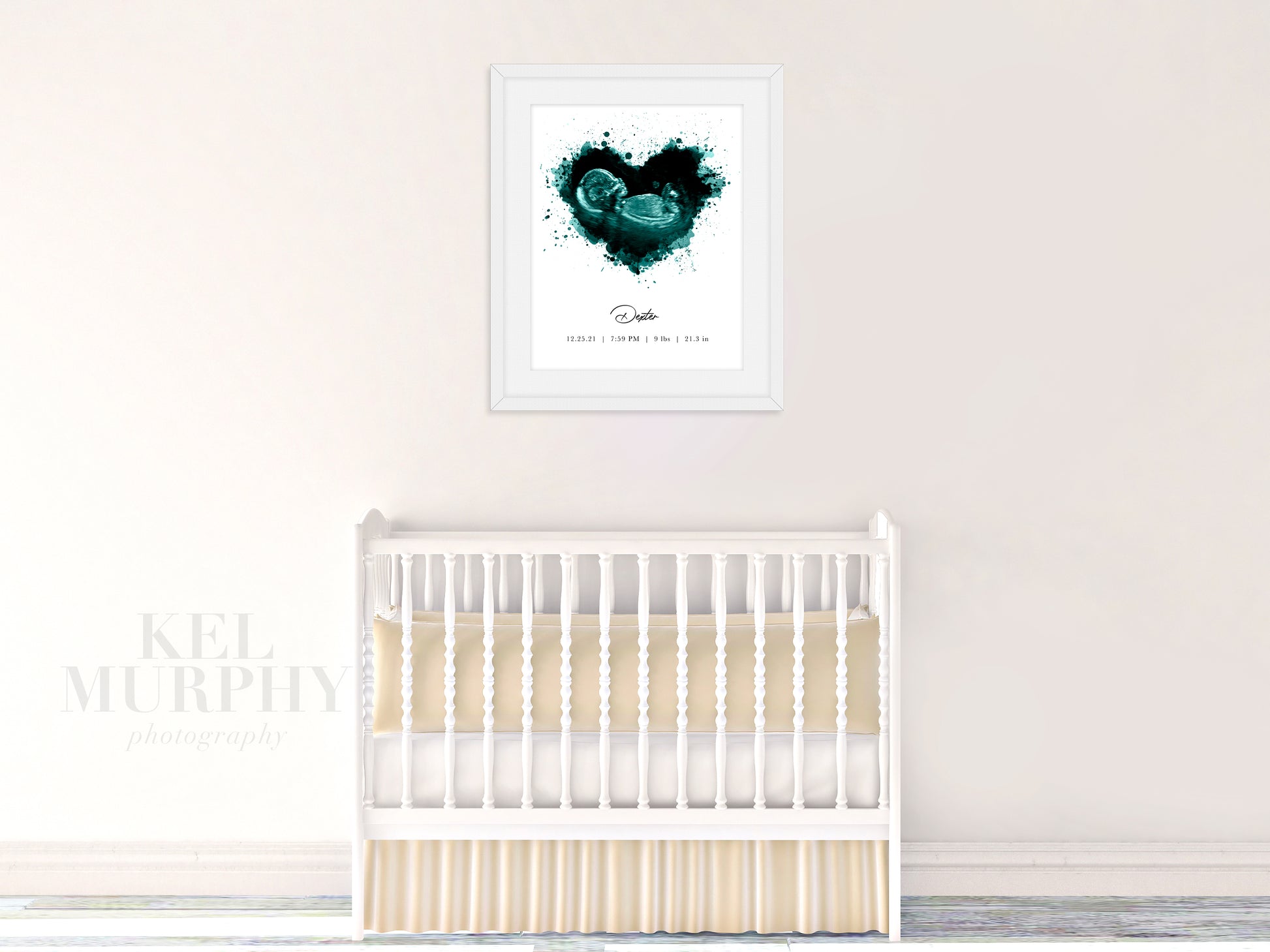 Watercolor ultrasound heart print framed in baby nursery yellow crib