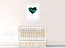 Load image into Gallery viewer, Watercolor ultrasound heart print framed in baby nursery yellow crib
