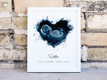 Load image into Gallery viewer, Watercolor ultrasound blue heart print with custom personalization in white frame
