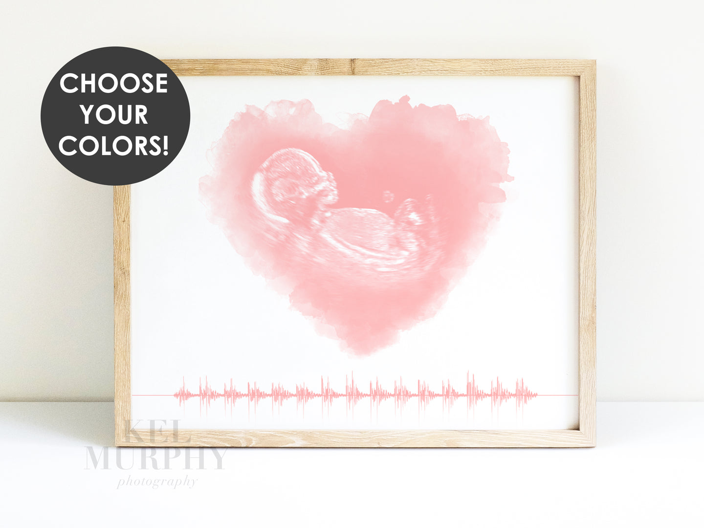 Watercolor ultrasound art print with baby's heartbeat sonogram wav custom mom gift